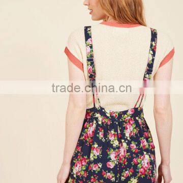 Navy Floral Wide Adjustable Straps Lady's Short Overall With Pockets photo-5
