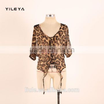 fashion butterfly style leopard printed casual ladies korean chiffon blouse 2015