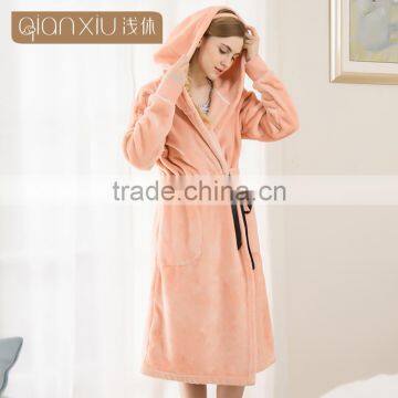 New arrival Qianxiu coral fleece hit color straps women hooded bathrobe