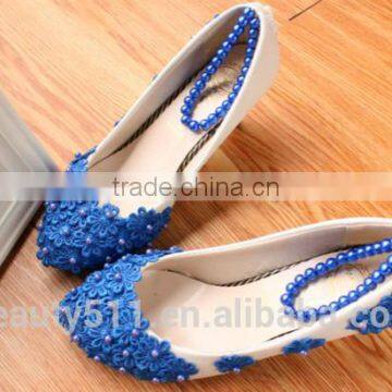 Blue handmade pearl chain wedding shoes wholesale spring and summer flat style bridesmaid shoes with dress shoes WS035