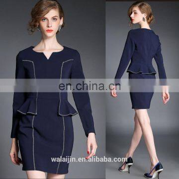 Ladies high quality navy dress above knee, peplum waist dress for fall