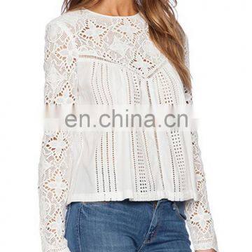Fashion Modeling Long Sleeve Hollow-out White Lace Blouse, Wholesale Bohemian Clothing Burnout Floral Lace Blouse for Women photo-2