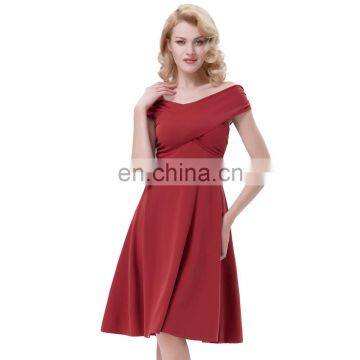 Kate Kasin Sexy Women's Off-the-shoulder Off shoulder Cross-front A-Line Wine Red Summer Dress KK000493-2