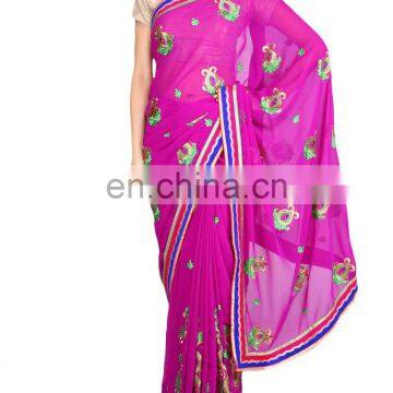 Designer Fancy Embrided Resham Work Georgette Pink Saree Sari