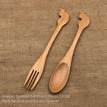 2 Pieces Wooden Cutlery for Family and Restaurant,Contains Fork and Spoon ,Made of Beech Wood