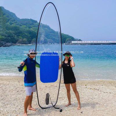 Прозрачный как кристалл сноуборд для SUP-экспедиций с синей подушкой и черной ободкой