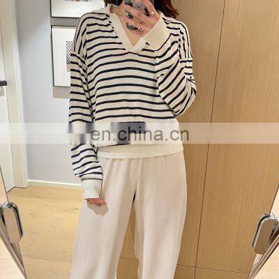 Women Casual Polo Neck Striped Silk Cashmere Sweater Jumper Shirt photo-2