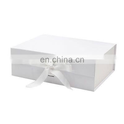 Customize logo printing white rigid folding magnetic flap clothing packaging gift box with ribbon