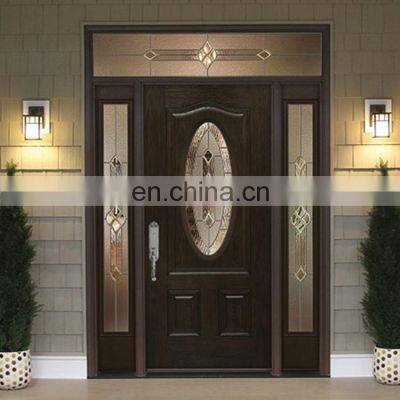 Modern Double Front Doors White Solid Wood External Oak Home Entry Door With Two Sidelights and Art Glass photo-4