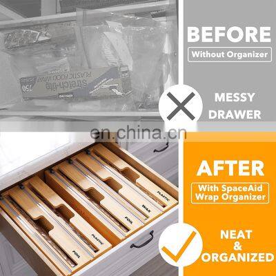 Wrap Dispenser With Cutter and Labels Plastic Wrap Aluminum Foil and Wax Paper Dispenser for Kitchen Drawer Bamboo Roll Organize photo-2