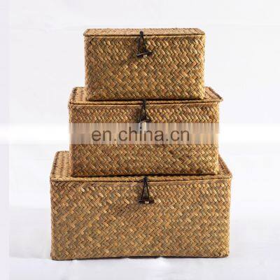 HBK Three piece set( Small size) with lid rectangle handmade natural seagrass storage box for clothing and sundries