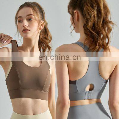 Women Sportswear Gym Fitness High Impact Support Fixed Pads Racer Back Adjustable Color Blocking Workout Training Yoga Bra Top