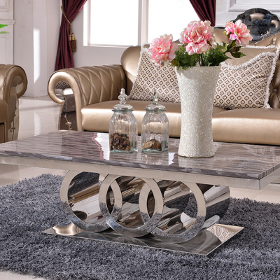 Modern high quality home furniture living room silver stainless steel frame marble top coffee table set