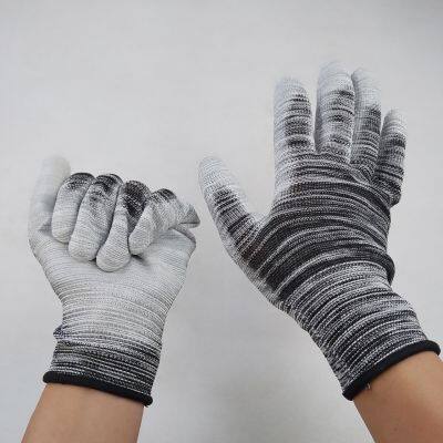Striped Wave Black and White Polyester 13 Gauge Knitted pu Palm Coated Anti-static Safety Work Gloves photo-4