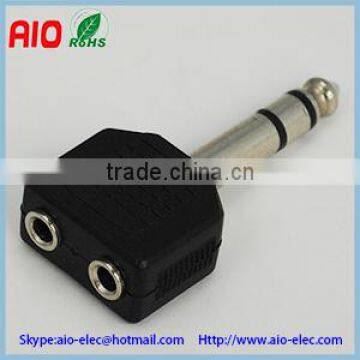 black plastic jacket 6.35mm 1/4 stereo plug to 2 double 3.5mm 1/8 stereo jack phone adaptor connector