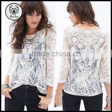 Autumn Ladies White Sheer Embroidered Mesh Tops