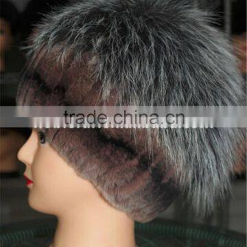 Autumn Winter Warm Natural Rex Rabbit Fur With Silver Fox Fur Pom Pom Hat