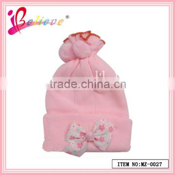 Lovely baby products wholesale ribbon bow ornament soft material flat bill wool knit winter beanie hat (MZ--0027)