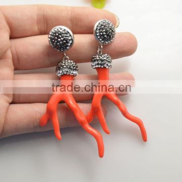 LFD-078E Wholesale Beautiful Orange Coral Branch Shape Dangle Earrings with Crystal Rhinestone Paved Druzy Jewelry Earring