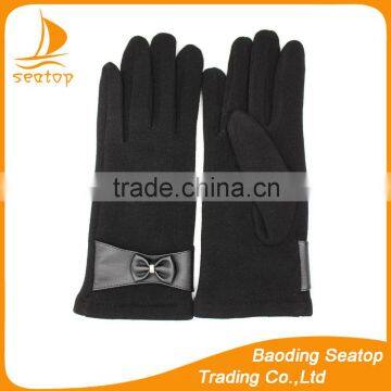 ladies spandex velvet gloves with leather bowknot decoration for wholesale