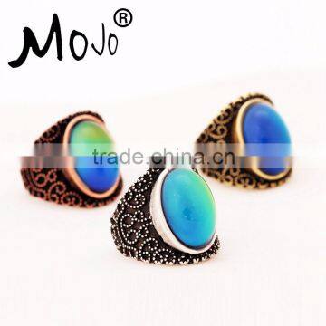 Oval Pattern Engraved Antique Silver Color Retro Style Color Changing Mood Emotion Feeling Ring for Women Mood Ring with Colors