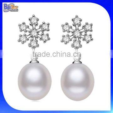 White Gold Plated Simulated Pearl CZ Fire Bridal Pierced Snowflake Drop Earrings