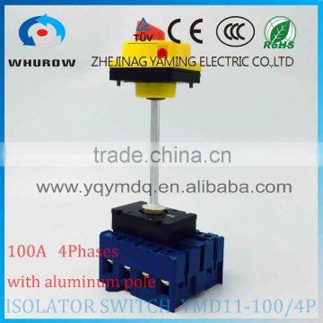 Isolator switch YMD11-100B/4P with padlock aluminum pole 100A Load break power cut off operation outside electrical cabinet