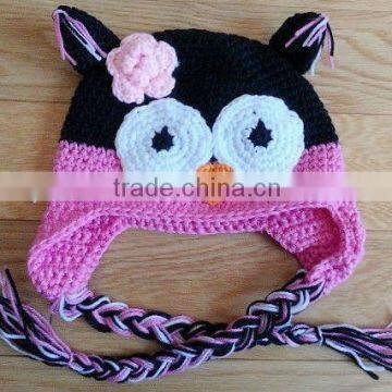 Pink black crochet owl hat for baby newborn boy or girl winter photo prop