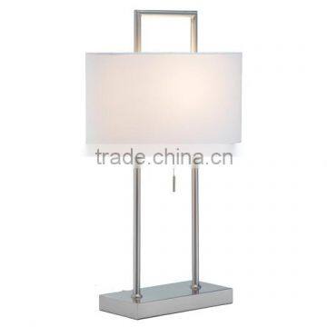 11.1-22 beautifully brushed steel finished base has 2 poles extend from the flat rectangular base table lamp white Drum Shade