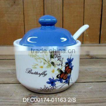 Ceramic Sugar Bowl with Blue Lid and White Spoon