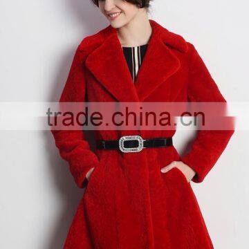 Wholesale Women Red Real Shearling Sheepskin Fur Coat with High Quality