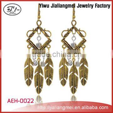 Gold Plated Fancy Fashion Feather Tassels Dangle Drop Chandelier Earrings For Women