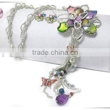 Crystal and enamel art work flower and mixed beads tassel drop long necklace earring set