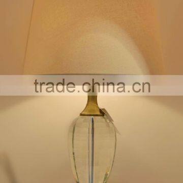 wholesale brass round base home decor crystal table lamp with transparent k9 crystal lampstand and white barrel shade