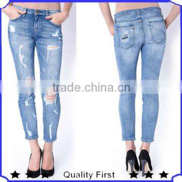 hot sell fashion hard destroyed blue jeans style fashion washing design women style