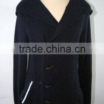 WOOL AND CASHMERE CARDIGAN HOODED GILET WITH HORN BUTTON FASTENING