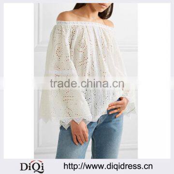 Wholesale Women Apparel Off-the-shoulder Lace-trimmed Broderie Anglaise Cotton-blend Top(DQE0388T)