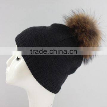 Myfur Newest Fashion Winter Crochet Hats Unisex Wholesale Genuine Raccoon Fur Pompom Beanie Wool Hats