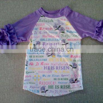 Wholesale Baby Clothes Cotton 3/4 Sleeve Ruffle Raglanbaby Icing Ruffle Top With Bunny Printed photo-5