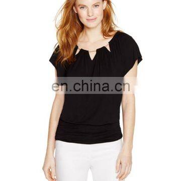 women short sleeve chain neckline slim black top blouse