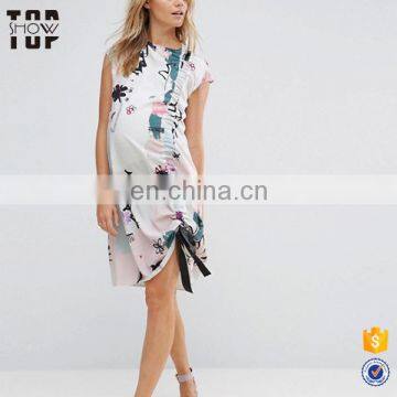 OEM factory abstract printed ruched satin elegant maternity dress