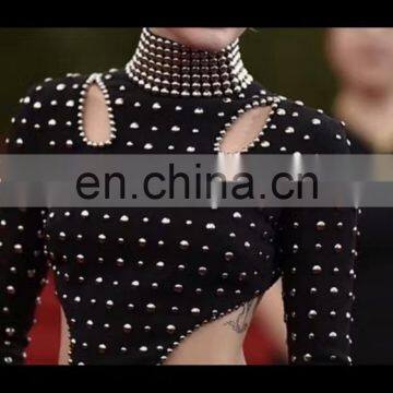 Autumn Winter Black Long Sleeves High Neck Luxury Diamond Women Dress Waist Hollow Out Maxi Dress photo-3