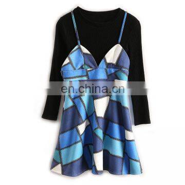 OEM Spaghetti Straped Shift Dress Suits Contrast Colors Geometry Style Factory Dress