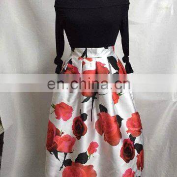 2016 Hot Sale A-line Printed High Waist Young Girls Fashional Midi Skirt