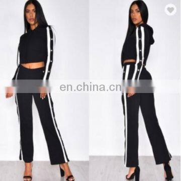 custom snap button down two colors stripe tracksuits crop top hoodies and pant for women sportswear clothing sets