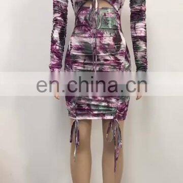 Women Ruched Drawstring Bodycon Dress Long Sleeve Colorful Tie Dye Print Sexy Backless Dress V Neck Party Dress