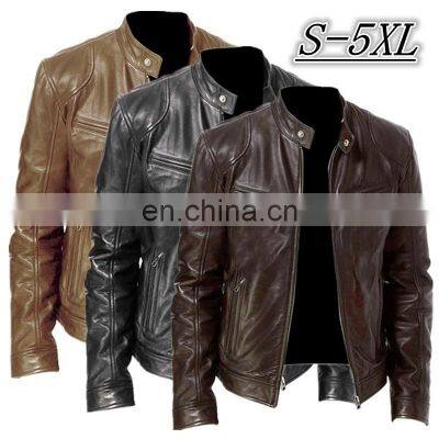 Wholesale Men's Retro Motorcycle Jacket Leather Long Sleeve Fall Winter Jacket Stand Collar Club Bomber Washed Leather PU J