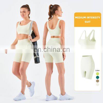 Athletic Ribbed Yoga Fitness Women Square Neckline Sports Bra Biker Shorts Set Gym