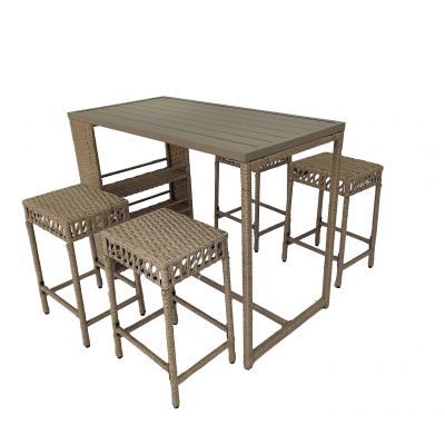 5 Piece Beige Rattan Wicker Bar Set, Patio Dining Furniture, Wine Glass Holder and 4 Bar Stools photo-2