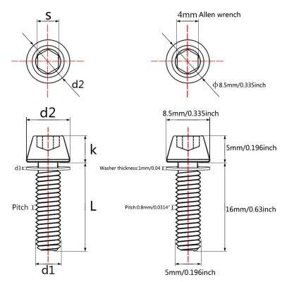 Titanium Hex Bike Stem Bolts M5x16mm Tapered Head With Washer Screws 6pcs photo-5